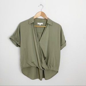 LOFT Olive Green Khaki Short Sleeve V Neck Blouse